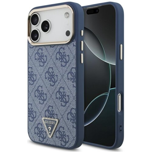 Niebiesko-złote etui na telefon z wzorem w logo i trójkątną plakietką z napisem "GUESS U.S.A." na dole. Etui jest dopasowane do telefonu z trzema widocznymi obiektywami aparatu.