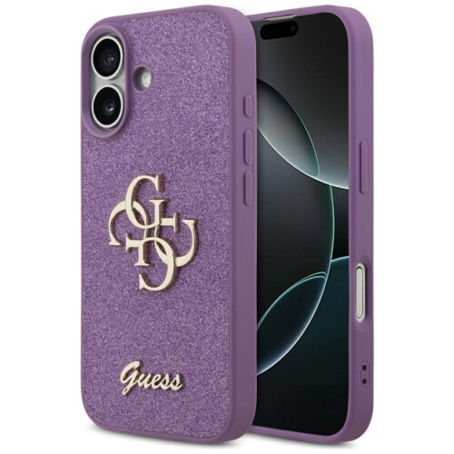 Liliowe etui na telefon z brokatowym wykończeniem, ozdobione złotym logo "Guess" oraz stylizowanym wzorem z literami "G". Etui jest przeznaczone do modelu Apple iPhone 17.