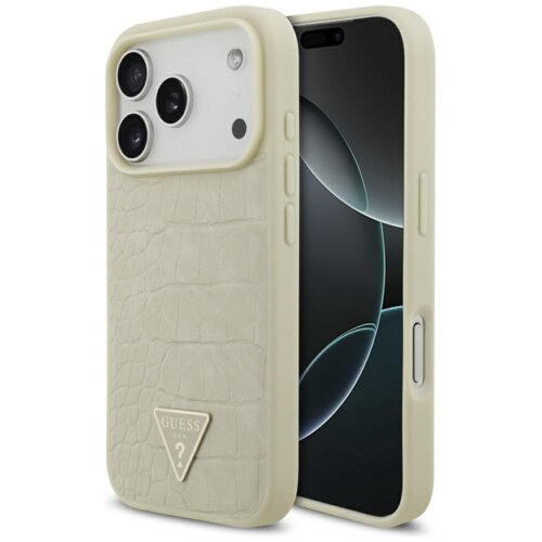Złote etui na telefon z fakturą przypominającą skórę krokodyla, z trójkątnym logo "GUESS U.S.A" umieszczonym w dolnej części. Etui jest dopasowane do telefonu z trzema widocznymi obiektywami aparatu i przyciskami bocznymi.