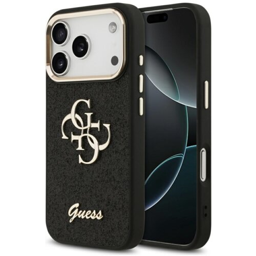 Czarne etui na telefon z metalicznym logo "4G" i napisem "Guess" w dolnej części, przeznaczone dla modelu Apple iPhone 17 Pro. Etui ma złote wykończenia wokół aparatu i przycisków.