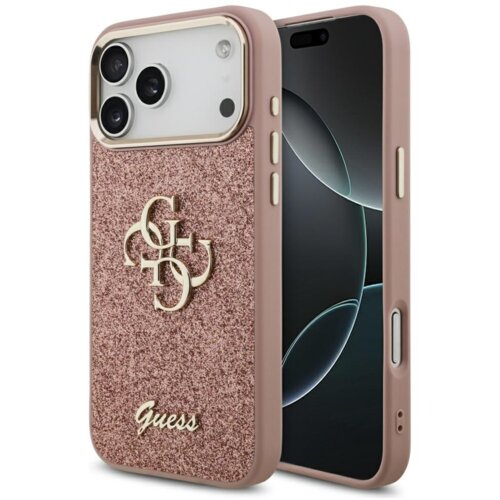 Różowe etui na telefon z brokatowym wykończeniem, ozdobione złotym logo "4G" oraz napisem "Guess" na dole. Etui jest przeznaczone do modelu Apple iPhone 17 Pro i posiada wycięcia na aparat oraz przyciski.