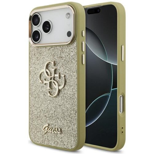 Złote etui na telefon z brokatowym wykończeniem i metalowym logo "4G" oraz napisem "Guess" na dole. Etui jest założone na telefon z trzema widocznymi obiektywami aparatu.