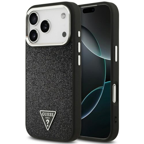 Czarne etui na telefon z teksturą, ozdobione trójkątnym logo z napisem "GUESS U.S.A." i znakiem zapytania. Etui jest dopasowane do telefonu z trzema widocznymi obiektywami aparatu.