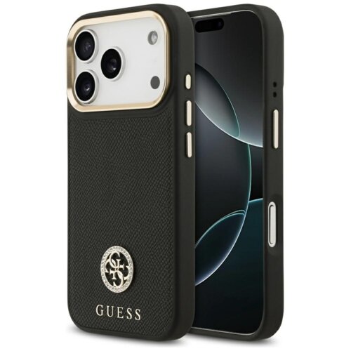 Czarne etui na telefon z teksturowaną powierzchnią, ozdobione okrągłym logo z literami "GS" oraz napisem "GUESS" na dole. Etui posiada wycięcia na aparat i przyciski, a jego krawędzie są wzmocnione złotym obramowaniem wokół otworu na aparat.