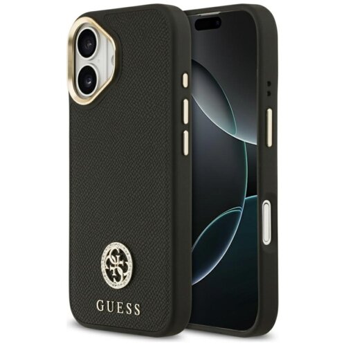 Czarne etui na telefon z teksturowaną powierzchnią, ozdobione okrągłym logo z literami "GS" oraz napisem "GUESS" na dole. Etui posiada wycięcia na aparat i przyciski, a jego wnętrze jest dopasowane do telefonu z zaokrąglonymi krawędziami ekranu.