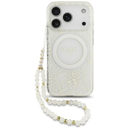 Przezroczyste etui na telefon z kwiatowym wzorem i okrągłym elementem MagSafe, ozdobione białym paskiem z koralikami, na którym widnieje napis "GUESS EST 1981".