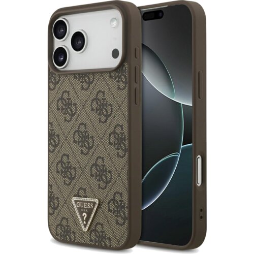 Etui do telefonu w kolorze brązowym z wzorem 4G i trójkątnym logo "GUESS U.S.A" na dole. Etui jest przeznaczone do modelu Apple iPhone 17 Pro Max i posiada funkcję MagSafe.