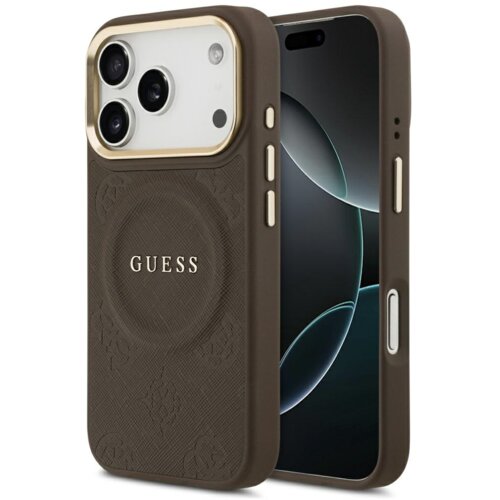 Brązowe etui na telefon z widocznym logo "GUESS" oraz wzorem wytłoczonym na powierzchni, obok którego znajduje się smartfon z wyświetlaczem. Etui posiada wycięcia na aparat i przyciski, a jego krawędzie są ozdobione złotymi akcentami.