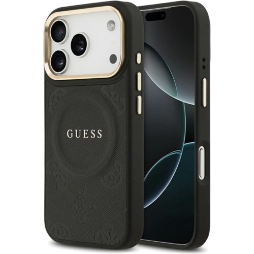 Czarne etui na telefon z widocznym logo "GUESS" na tylnej części, posiada wycięcia na aparat i przyciski. Obok etui znajduje się telefon z widocznym ekranem.