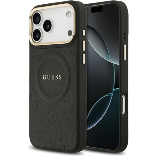Czarne etui na telefon z wytłoczonym wzorem i napisem "GUESS" na środku, obok widoczny jest telefon z wyświetlaczem. Etui posiada wycięcia na aparat i przyciski, a jego powierzchnia ma teksturę z delikatnym wzorem.