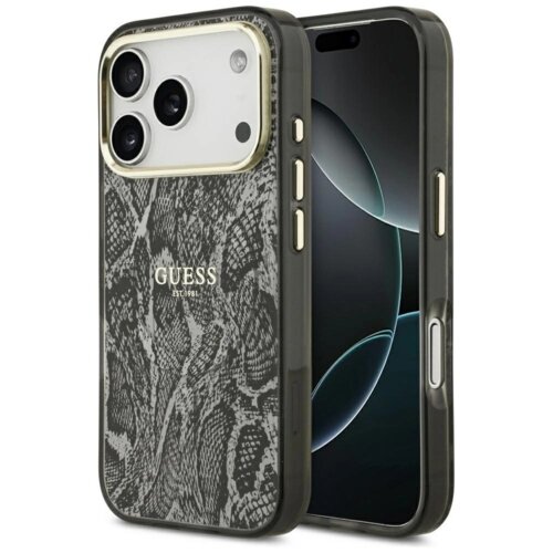 Etui na telefon z wzorem przypominającym skórę pytona, z widocznym napisem "GUESS EST 1981" oraz trzema dużymi otworami na aparaty. Obok etui znajduje się telefon z ciemnym ekranem.