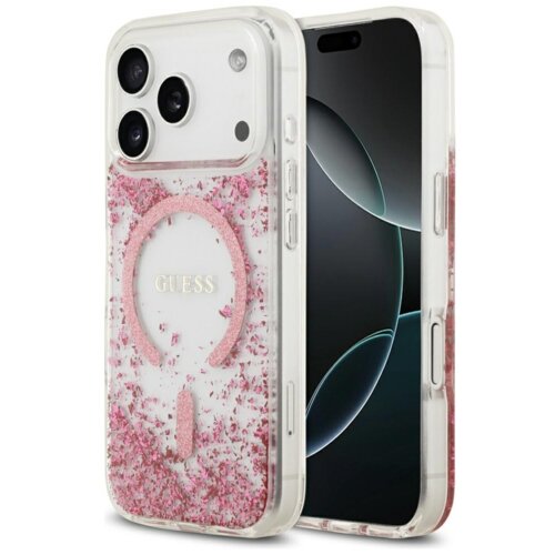 Przezroczyste etui na telefon z różowymi elementami ozdobnymi i napisem "GUESS" na tylnej części, zaprojektowane dla modelu iPhone z trzema aparatami. Etui posiada okrągły wzór kompatybilny z MagSafe, wypełniony brokatem.
