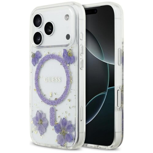 Przezroczysto-fioletowe etui na telefon z widocznymi fioletowymi kwiatami i brokatem, ozdobione okręgiem z napisem "GUESS". Etui jest dopasowane do modelu telefonu z trzema aparatami.