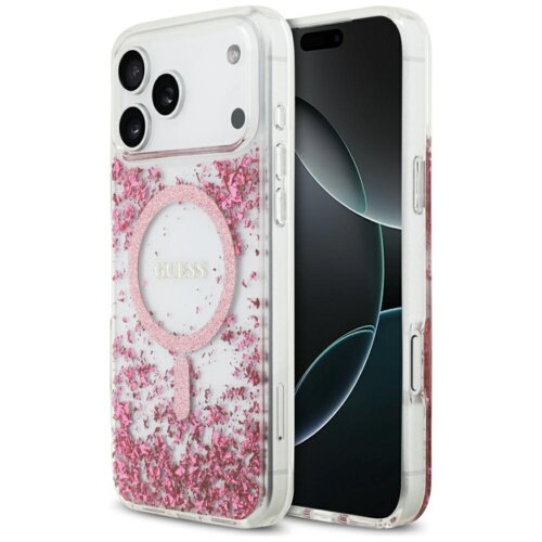 Przezroczyste etui na telefon z różowymi elementami ozdobnymi i okrągłym wzorem na środku, w którym znajduje się napis "GUESS". Etui jest przeznaczone do modelu Apple iPhone 17 Pro Max i posiada funkcję MagSafe.