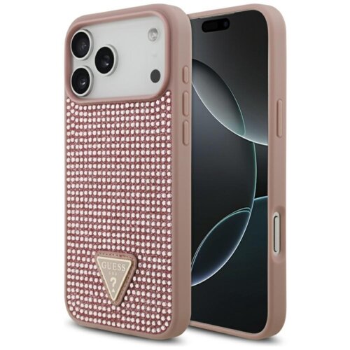 Różowe etui na telefon ozdobione jest błyszczącymi kamieniami i posiada trójkątne logo z napisem "GUESS U.S.A". Etui jest przeznaczone do modelu Apple iPhone 17 Pro Max.