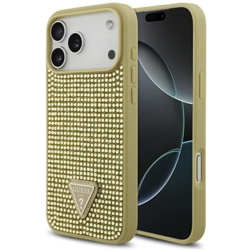Złote etui na telefon ozdobione jest błyszczącymi kamieniami i posiada trójkątne logo z napisem "GUESS U.S.A" oraz znakiem zapytania. Obok etui widoczny jest telefon z wyświetlaczem pokazującym abstrakcyjny wzór.