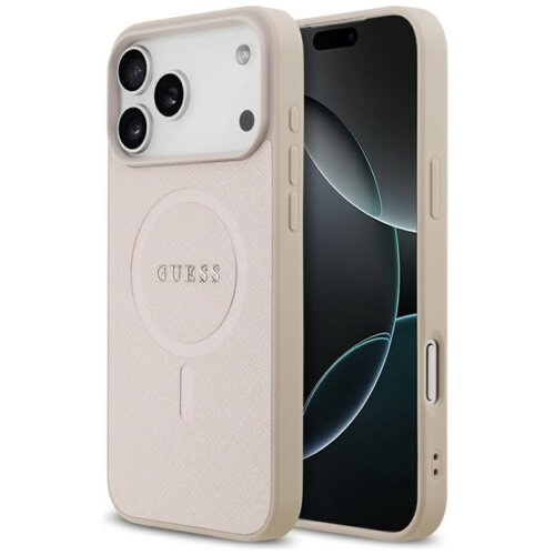 Różowe etui na telefon z teksturą saffiano, z wycięciem na aparat i napisem "GUESS" na środku. Obok etui widoczny jest telefon z wyświetlaczem pokazującym abstrakcyjny wzór.