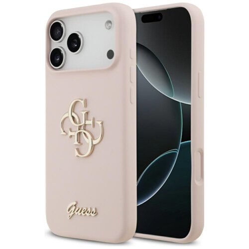 Różowe etui na telefon z trzema wycięciami na aparaty, ozdobione złotym logo "4G" oraz napisem "Guess" na dole. Obok etui widoczny jest telefon z ciemnym ekranem.
