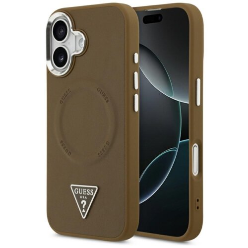 Brązowe etui na telefon z widocznym logo "GUESS U.S.A." w kształcie trójkąta oraz napisem "GUESS" powtarzającym się wokół okręgu. Etui jest dopasowane do telefonu z dwoma aparatami i przyciskami bocznymi.
