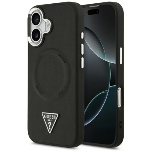 Czarne etui na telefon z widocznym logo "GUESS U.S.A" w kształcie trójkąta oraz okrągłym wzorem z napisem "GUESS" wokół. Etui jest przystosowane do systemu MagSafe i posiada wycięcia na aparat oraz przyciski boczne.