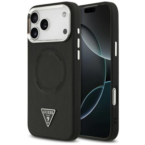 Czarne etui na telefon z widocznym logo "GUESS U.S.A." w kształcie trójkąta oraz napisem "GUESS" powtarzającym się wokół okrągłego wycięcia. Etui jest przystosowane do systemu MagSafe i przeznaczone dla modelu Apple iPhone 17 Pro.