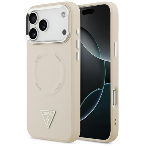 Beżowe etui na telefon z trzema wycięciami na aparaty, ozdobione trójkątnym logo z napisem "GUESS U.S.A." oraz powtarzającym się napisem "GUESS" wokół okręgu. W tle widoczny jest ekran telefonu z abstrakcyjnym wzorem.