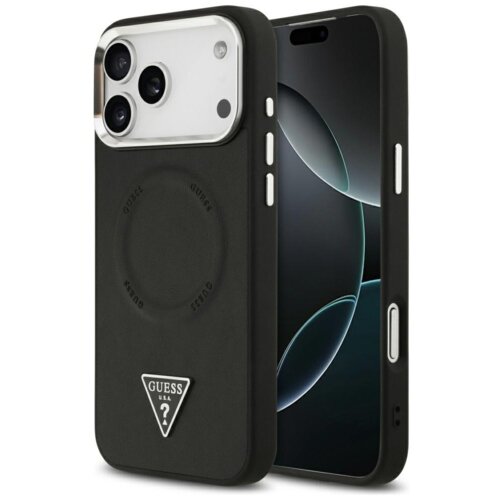 Czarne etui na telefon z trzema wycięciami na aparaty, ozdobione trójkątnym logo z napisem "GUESS U.S.A." i znakiem zapytania. Na etui widoczny jest również okrągły wzór z powtarzającym się napisem "GUESS".
