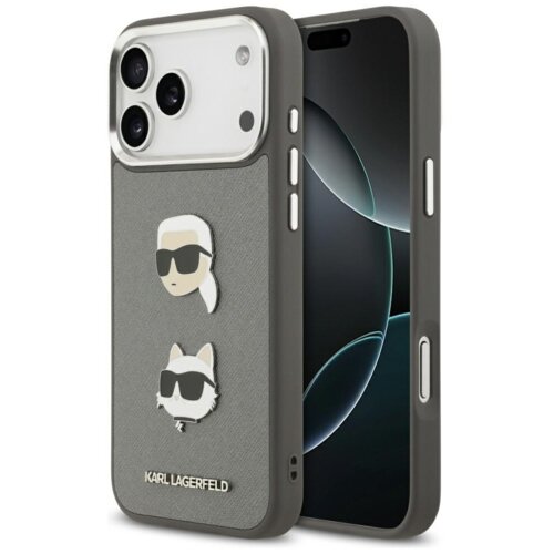 Etui KARL LAGERFELD FW Grained Karl & Choupette Heads Pins & Logo do Apple iPhone 17 Pro Max Szary