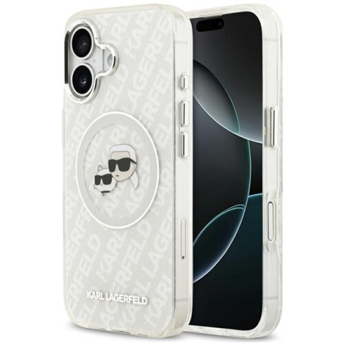 Przezroczyste etui na telefon z nadrukiem postaci w okularach przeciwsłonecznych oraz powtarzającym się napisem "KARL LAGERFELD". Na dole etui widoczne jest logo "KARL LAGERFELD".