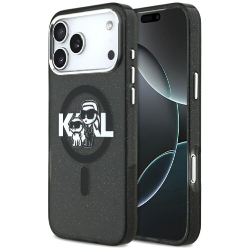 Czarne etui na telefon z brokatowym wykończeniem, ozdobione białym napisem "KARL" oraz grafiką przedstawiającą dwie postacie w okularach przeciwsłonecznych. Etui posiada wycięcia na aparat i przyciski, a także okrągły wzór sugerujący kompatybilność z MagSafe.