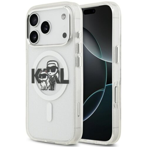 Przezroczyste etui na telefon z trzema wycięciami na aparaty, ozdobione grafiką przedstawiającą postacie w okularach przeciwsłonecznych oraz napisem "KARL". W tle widoczny jest ekran telefonu z ciemnym motywem.