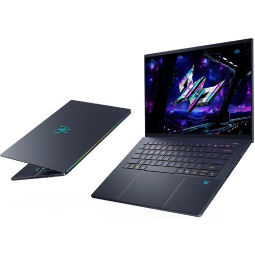 Na zdjęciu widoczny jest otwarty laptop z kolorowym ekranem przedstawiającym futurystyczną grafikę oraz zamknięty laptop z widocznym logo w kształcie stylizowanej litery "M". Klawiatura laptopa jest podświetlana, a obudowa ma ciemny kolor.