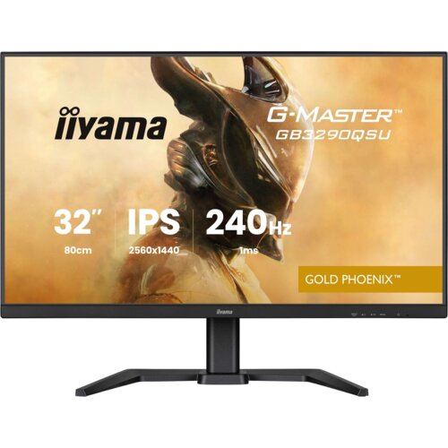 Monitor marki iiyama z serii G-Master, model GB3290QSU, o przekątnej 32 cale, rozdzielczości 2560x1440 pikseli, technologii IPS, częstotliwości odświeżania 240 Hz i czasie reakcji 1 ms. Na ekranie widoczny jest napis "GOLD PHOENIX".