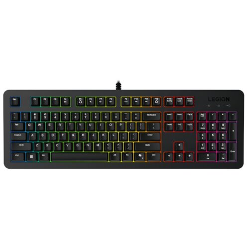 Czarna klawiatura z podświetleniem RGB, posiada pełny układ klawiszy z blokiem numerycznym. Na obudowie widoczne jest logo "LEGION".