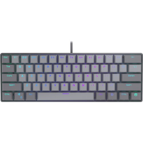 Na zdjęciu znajduje się kompaktowa klawiatura mechaniczna z podświetleniem RGB, posiadająca układ QWERTY oraz dodatkowe oznaczenia na klawiszach funkcyjnych. Klawisze są w kolorze szarym z widocznymi symbolami w kolorze fioletowym i zielonym, a w prawym d