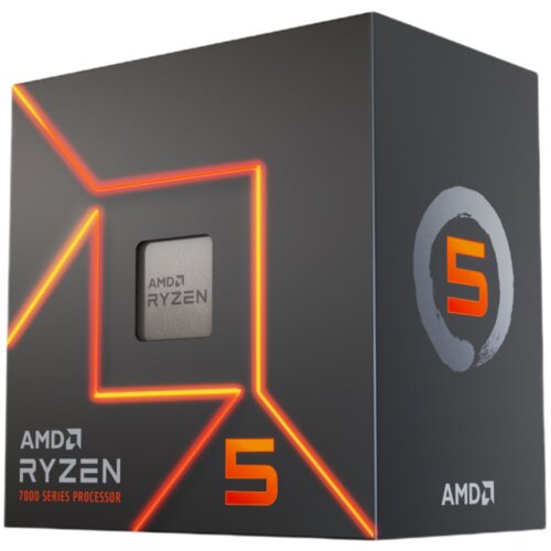 Opakowanie procesora AMD Ryzen 5 z serii 7000, z widocznym logo AMD i numerem 5 w pomarańczowym kolorze na ciemnym tle. Na opakowaniu znajduje się napis "AMD RYZEN 7000 SERIES PROCESSOR".