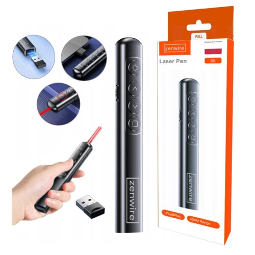 Na zdjęciu znajduje się wskaźnik laserowy ZENWIRE S9 z kilkoma przyciskami na obudowie, obok którego widoczny jest odbiornik USB oraz opakowanie z napisem "zenwire Laser Pen". Na opakowaniu znajdują się również napisy "Plug&Play" i "200M Range".