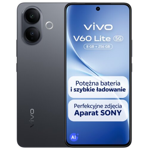 Na zdjęciu widoczny jest czarny smartfon z dwoma aparatami z tyłu oraz ekranem z napisem: "vivo V60 Lite 5G 8 GB + 256 GB", "Potężna bateria i szybkie ładowanie", "Perfekcyjne zdjęcia Aparat SONY". Na obudowie znajduje się logo "vivo".