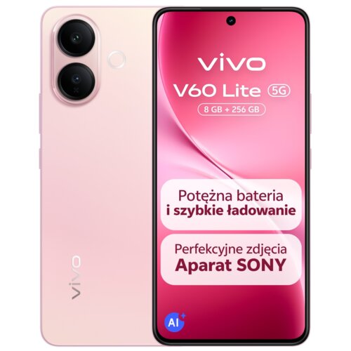 Na zdjęciu widoczny jest różowy smartfon z dwoma aparatami z tyłu oraz ekranem z przodu, na którym znajduje się tekst: "vivo V60 Lite 5G, 8 GB + 256 GB, Potężna bateria i szybkie ładowanie, Perfekcyjne zdjęcia Aparat SONY". Na obudowie telefonu widoczne j
