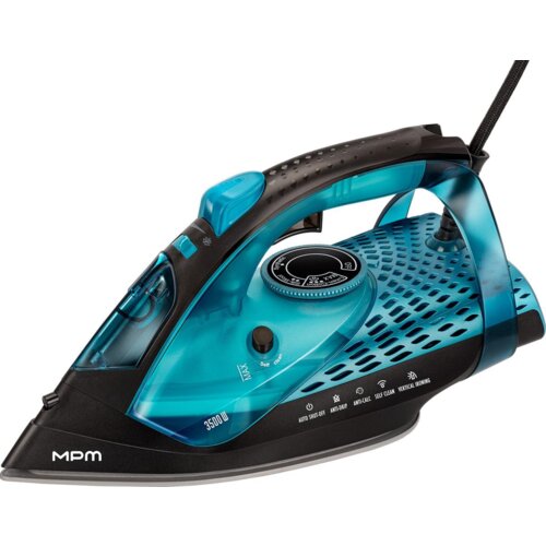 Na zdjęciu znajduje się żelazko w kolorze czarno-niebieskim z widocznym logo "MPM" oraz oznaczeniami funkcji: "AUTO SHUT OFF", "ANTI-CALC", "SELF CLEAN", "VERTICAL IRONING". Na pokrętle widoczne są różne ustawienia temperatury, a obok znajduje się wskaźni