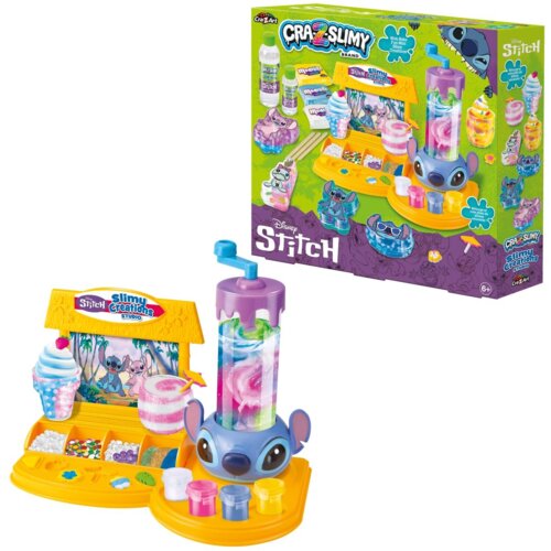 Zestaw kreatywny do tworzenia slimów z motywem Disney Stitch, zawiera kolorowe pojemniki, akcesoria oraz maszynkę do mieszania. Na opakowaniu widnieje napis "Cra-Z-Slimy Brand" oraz "Disney Stitch Slimy Creations Studio".