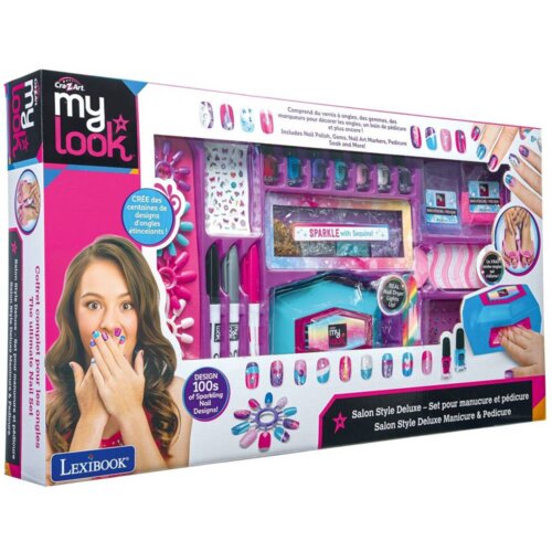 Zestaw do stylizacji paznokci "CRA-Z-ART My Look Manicure i pedicure CRSS32" zawiera różnorodne akcesoria do zdobienia paznokci, w tym lakiery, markery, naklejki oraz urządzenie do suszenia paznokci. Na opakowaniu widnieje napis "DESIGN 100s of Sparkling 