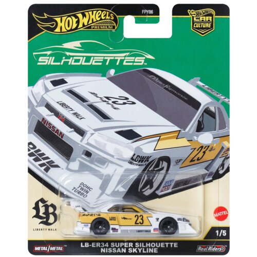 Opakowanie przedstawia model samochodu Hot Wheels Premium z serii Silhouettes, z dużą ilustracją białego auta z numerem 23 i napisami "Liberty Walk" oraz "Nissan" na przodzie. Na dole opakowania znajduje się rzeczywisty model samochodu z napisem "LB-ER34 Super Silhouette Nissan Skyline" oraz logo "Mattel".