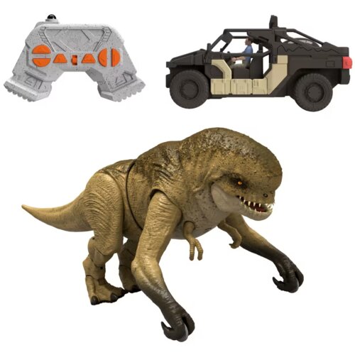 Na zdjęciu znajduje się zestaw zdalnie sterowany, składający się z figurki dinozaura, pojazdu terenowego z figurką kierowcy oraz pilota do sterowania. Dinozaur ma brązową skórę i ostre zęby, pojazd jest w kolorach czarnym i beżowym, a pilot ma szary kolor