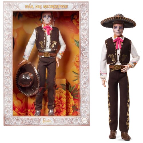 Lalka ubrana w tradycyjny strój z motywami kwiatowymi i kapeluszem, umieszczona w ozdobnym pudełku z napisem "Día de Muertos". Na dole pudełka widnieje logo "Barbie Signature" oraz "Mattel".