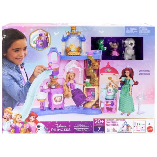 Opakowanie przedstawia zestaw "Domek dla lalek MATTEL Disney Princess Pałac zwierzątek JBF96" z lalkami i akcesoriami, w tym figurkami zwierząt. Na opakowaniu widnieje logo Disney Princess oraz MATTEL, a także informacje o zawartości: "20+ pieces", "7 pet
