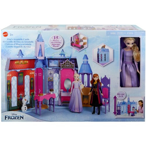 Opakowanie produktu przedstawia zamek Arendelle z serii Disney Frozen, zawierający 15 elementów, w tym lalki Elsy i Anny oraz akcesoria. Na opakowaniu widoczne są ilustracje zamku, lalki Elsy w fioletowej sukni oraz napis "Elsa's Arendelle Castle" i logo 