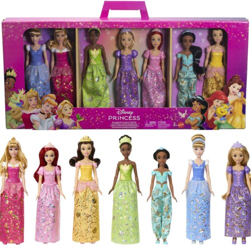 Na zdjęciu znajduje się zestaw lalek "Disney Princess" w kolorowym opakowaniu z grafiką księżniczek. Widoczny jest napis: "Disney Princess" oraz ostrzeżenia dotyczące bezpieczeństwa i oznaczenie wieku 3+.