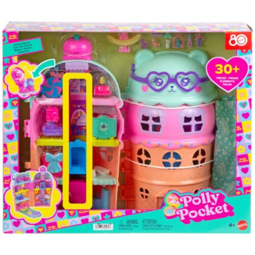 Opakowanie zabawki "Polly Pocket" przedstawia kolorowy domek do zabawy w kształcie lodowego deseru z elementami w pastelowych barwach, a na opakowaniu widnieje napis "30+ pieces" oraz logo "Polly Pocket". W prawym górnym rogu znajduje się logo producenta, a na dole opakowania umieszczono ostrzeżenie "WARNING ATTENTION" oraz informację "4+".