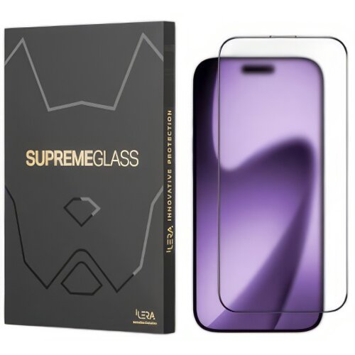 Czarne opakowanie z napisem "SUPREMEGLASS" oraz "ILERA INNOVATIVE PROTECTION" obok szkła hartowanego na ekran telefonu. Na dole opakowania widoczne jest logo "ILERA".